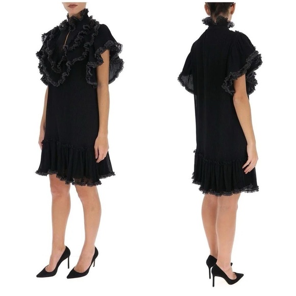 See by Chloe Polka Dot Ruffle Plissé Georgette Shift Dress Black Sz EU 34 US 0-2 - Picture 1 of 12